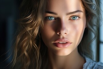 Portrait of a young woman with blue eyes and brown hair - obrazy, fototapety, plakaty