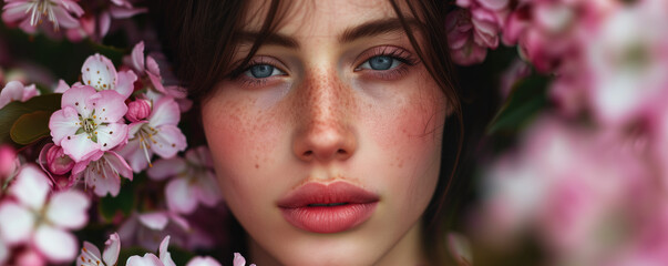 Obraz premium Close up portrait of a pretty young girl with spring flowers