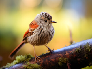 Close up of a songbird sitting on a branch, blurry background 