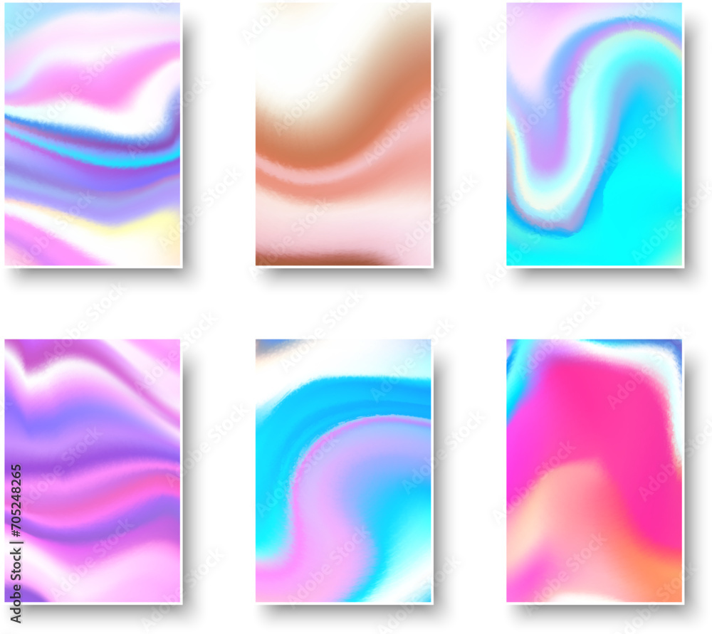 Poster set of colorful hologram paper card. abstract holographic wavy gradient mesh color backgrounds.