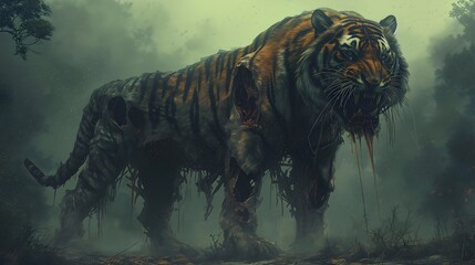 Imposing Undead Tiger Lurking in a Misty Forest at Twilight