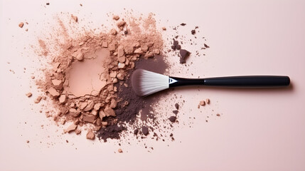 Broken shadows and powder with a makeup brush on a beige background