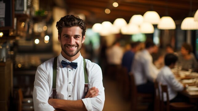 Portrait of a happy waiter in a restaurant