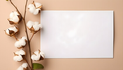 Cotton branch with empty blank paper sheet card top view. Minimal composition from natural cotton flowers for design, blogging or branding in flat lay style