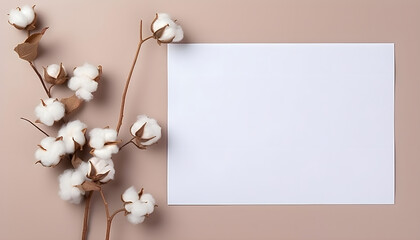 Cotton branch with empty blank paper sheet card top view. Minimal composition from natural cotton flowers for design, blogging or branding in flat lay style