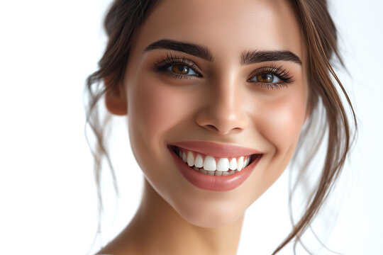 A photo portrait of a beautiful woman over 20 years old, smiling with clean teeth, perfect teeth, clean fresh skin on white background. Face care, facial treatment, cosmetology, beauty and spa