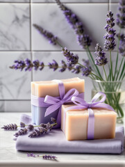 Obraz na płótnie Canvas Handmade natural organic soap bars with lavender