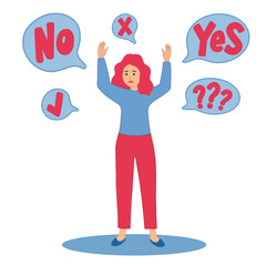 Young girl stands embarrassed to choose YES or NO, flat style cartoon character vector illustration. The concept of choice, choice, response, response, acceptance of failure. 