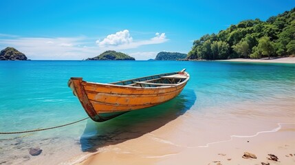A wooden boat sits on a beach with the ocean in the background,