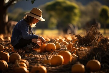 Cute little boy picking pumpkins on a pumpkin patch in Autumn - Powered by Adobe