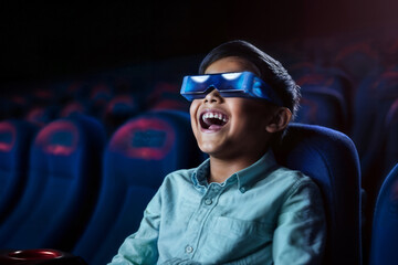Excited Boy Watching 3D Movie in Cinema. Generative AI