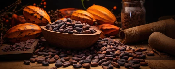 Deurstickers Cocoa beans in bowl with cocoa pods on wooden table. © Sabrewolf