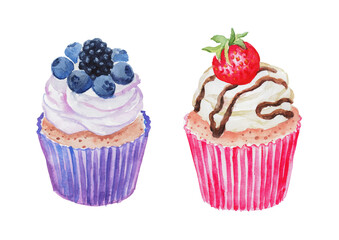 Hand painted watercolor illustration of cake with blueberries, cupcake with strawberry and chocolate, muffin, cupcake with berries, watercolor illustration of food, dessert