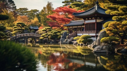 Obraz premium A temple and pond in asia that is peaceful