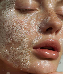 Obraz premium Portrait of beautiful natural woman with foamy cleanser on her face