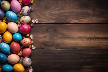 Naklejka premium Easter eggs on wooden surface, festive spring background