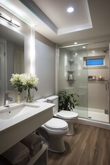 A modern bathroom with a large glass shower and a double vanity