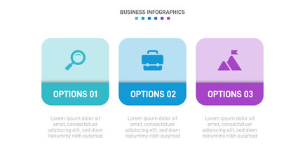 Timeline infographic with infochart. Modern presentation template with 3 spets for business process. Website template on white background for concept modern design. Horizontal layout.