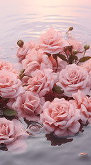 Beautiful pink roses float on the water. Pastel pink color. Summer.