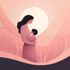 Ilustración digital de mujer con su hijo o hija, en tonos pastel cálidos, atardecer