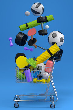 Sport equipment for fitness, gym, crossfit in shopping cart on blue