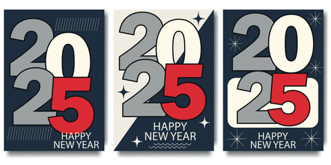 Retro futuristic Happy New Year 2025 posters.  Design templates with typography logo 2025 for celebration and season decoration. Minimalistic trendy backgrounds for branding, banner, cover, card