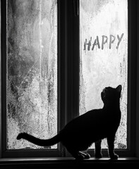 Young cat looking out the foggy window of vintage rural house, standing on windowsill, curious about happy hand written inscryption. Cold morning romantic and cozy scenery. Black and white photo.