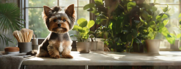 Dog at an appointment with a groomer. Yorkshire Terrier Posing in a Sunlit Indoor Garden. Working table in a sunlit room with plants.