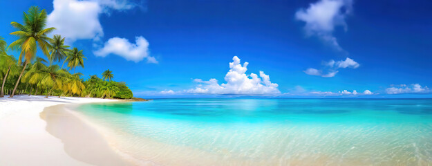Tropical beach with clear waters, white sands, and lush palm trees under blue skies. Panorama with copy space.