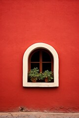 Fototapeta na wymiar Small window on a red wall with plants on the windowsill