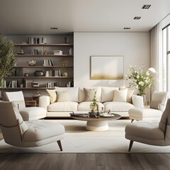 White sofa and armchairs in home interior design