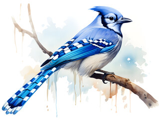 Illustration of a blue jay bird sitting on a branch - obrazy, fototapety, plakaty
