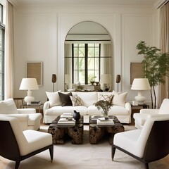 Fototapeta na wymiar White sofa and armchairs in home interior design