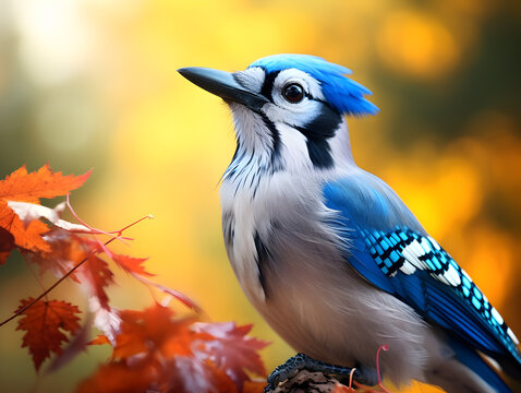 Macro close up of a blue jay bird, blurry background 