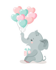 Obraz na płótnie Canvas Cute baby elephant character with heart shaped balloons. Happy birthday card, kids illustration, vector