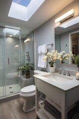 Fototapeta na wymiar Small bathroom with white vanity and gray tile shower