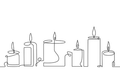 Abstract Candles isolated on white background. Seamless pattern in continuous line drawing style. Vector illustration.