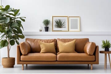 Fototapeta premium brown leather couch in a living room