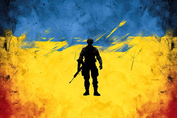 Fototapeta premium Illustration featuring a Ukrainian soldier on a blue yellow background.