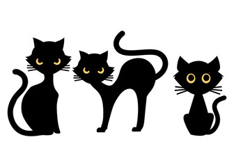 black cats set, mysterious Feline, simple draw illustration on white background
