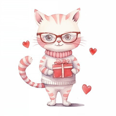 Watercolor illustration of a cute cat wearing glasses and a pink striped sweater, holding a red gift box, perfect for Valentine's Day themed products, greeting cards, or gift tags. High quality