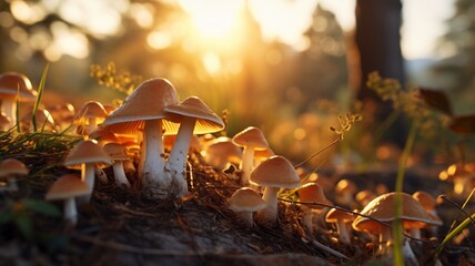 A mesmerizing scene of mushrooms in gradient colors, creating a surreal atmosphere in a garden setting. -Generative Ai
 - obrazy, fototapety, plakaty
