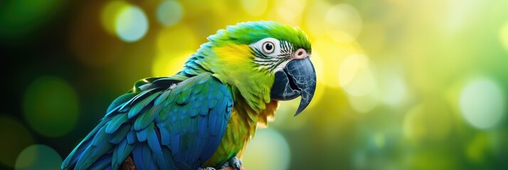 Beautiful exotic Ara parrot bird sitting on branch of tree in green jungle. Cute colorful bird. Wildlife scene from tropical forest. Exotic domestic pet concept. Banner for pet shop with copy space