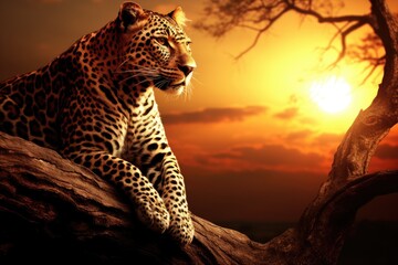 Leopard sitting in a tree against orange sunset. Panthera pardus, big spotted wild cat laying on the branch in the nature habitat. Africa, savannah. Wildlife concept