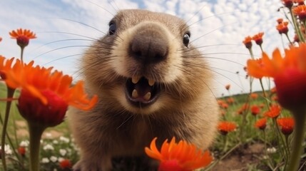 Cute alpine marmot, groundhog standing on its paws. screams and whistling after ibernation on springtime. Groundhog day