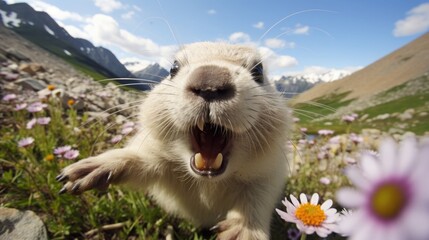 Cute alpine marmot, groundhog standing on its paws. screams and whistling after ibernation on springtime. Groundhog day