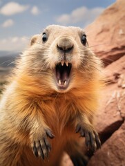 Naklejka na ściany i meble Cute alpine marmot, groundhog standing on its paws. screams and whistling after ibernation on springtime. Groundhog day