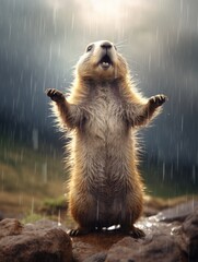 Cute alpine marmot or groundhog standing on its paws during the rain. whistling after ibernation. Groundhog day