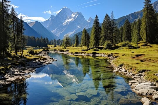 Mountain stream in the Alps with snow capped mountain in the distance © duyina1990