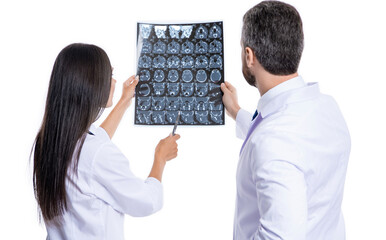 two doctor hold xray making clinical diagnosis. Surgeon showing X-ray result to woman. doctor...